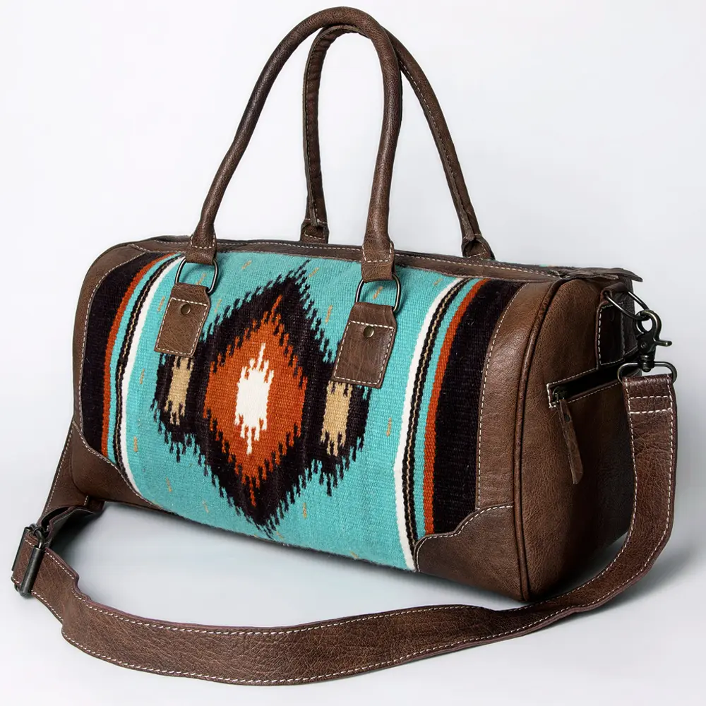 American Darling Western Duffle Bag – Handwoven Saddle Blanket with Genuine Leather Trim, Spacious Travel and Weekend Tote