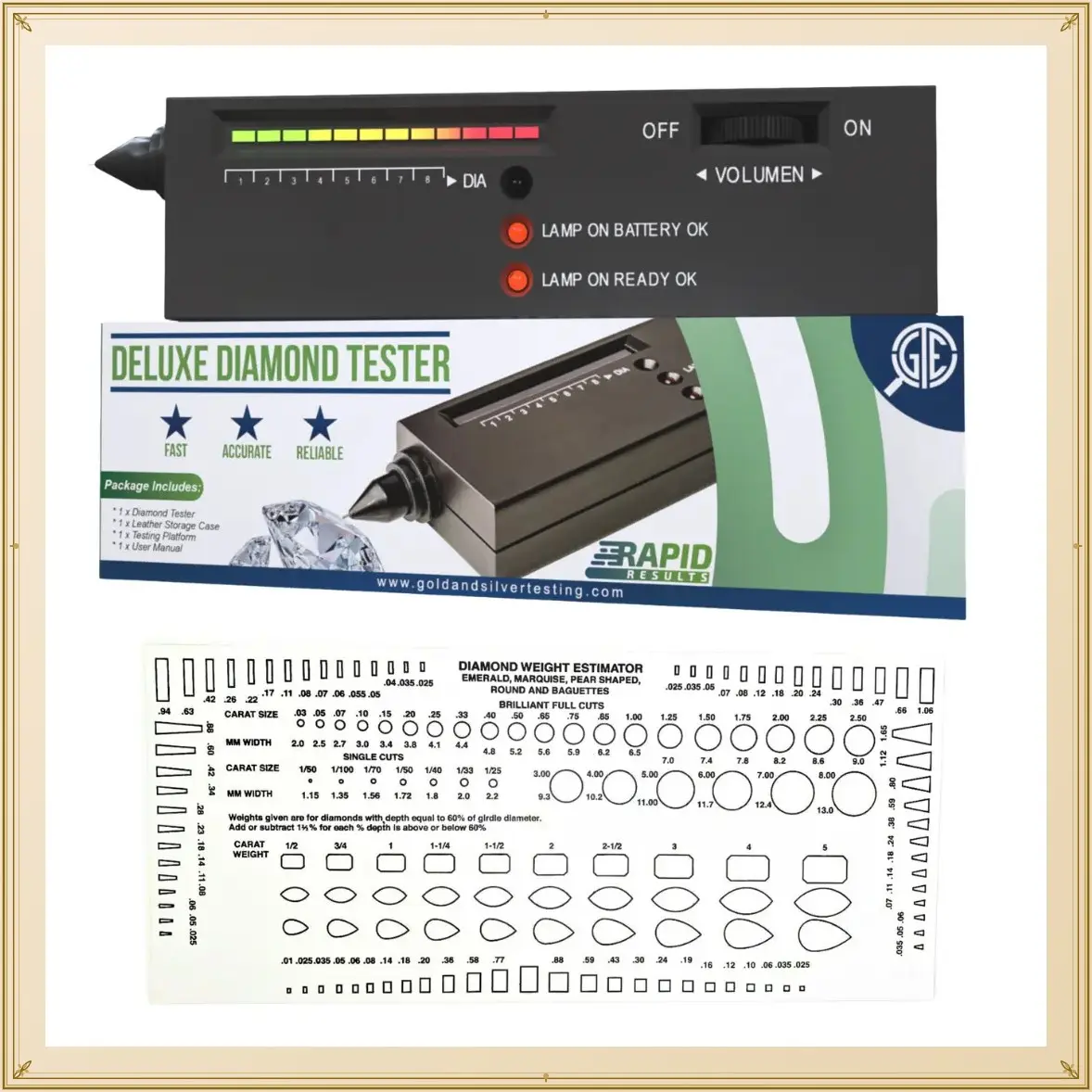 GTE Portable Gold-Silver-Diamond Detector Kit - Digital Electronic Analyzer, Jewelers' Gemstone Measuring Tool with Testing Method, Estimator, Leather Traveling Case & Instruction Booklet