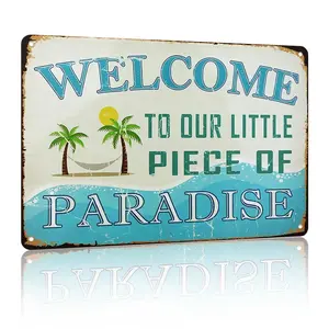 Welcome To Our Little Piece Of Paradise Aluminum Sign, Tropical Beach Style Wall Art, Retro Coastal Decor for Patio, Porch & Vacation Home, 12x8 Inch