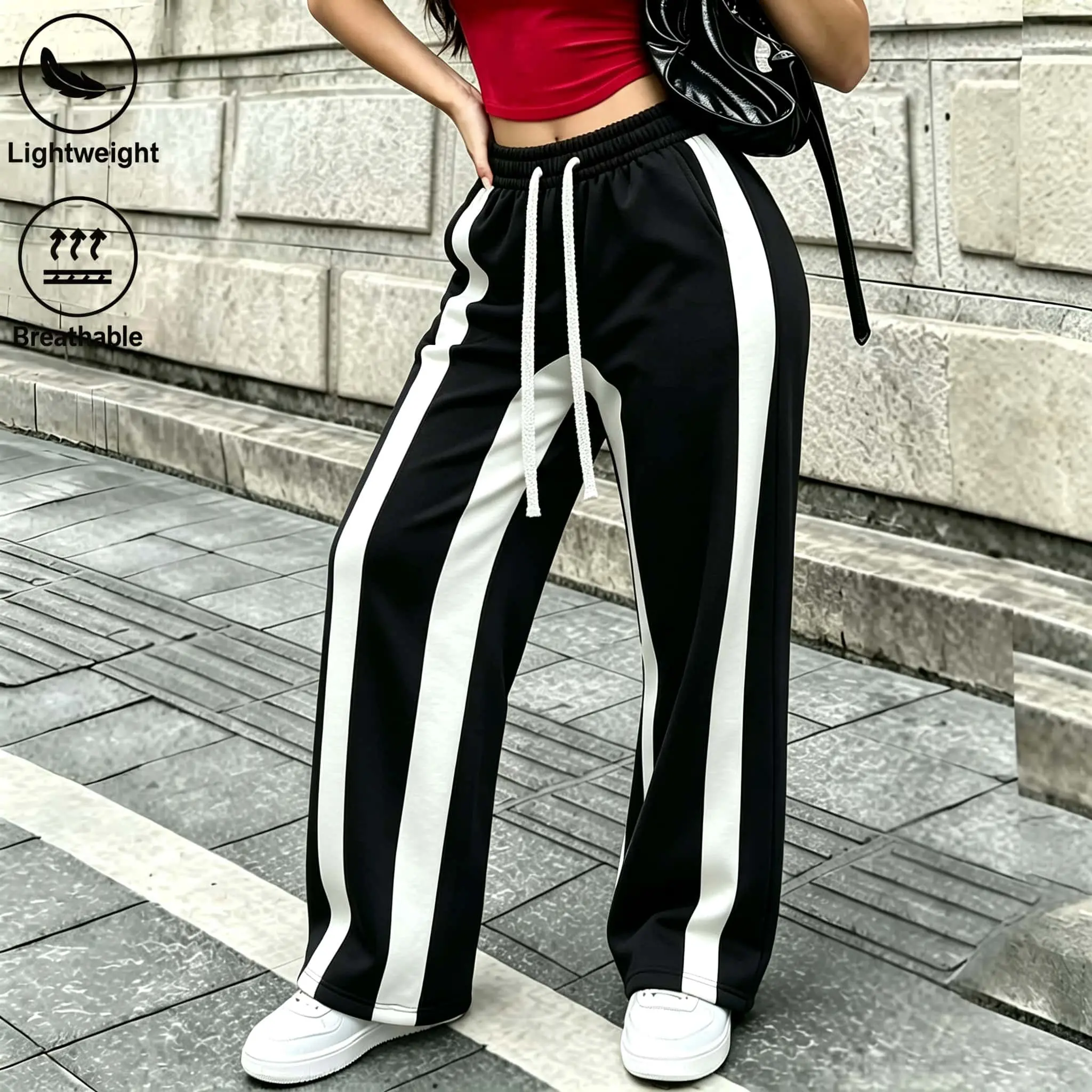 Women’s Side White Stripe Wide Leg Track Pants, Elastic High Waist Drawstring Loose Straight Sweatpants, Lightweight Breathable Casual Streetwear Trousers for Daily Walking Gym Sports Summer Everyday Matching Outfits