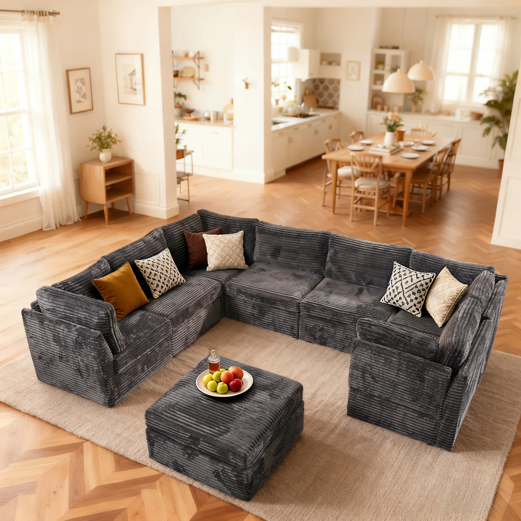 Modular Oversized Corner Sectional Sofa with Ottoman, Plush Corduroy Upholstery, Modern Design,Free Conbination,Easy to Assemble