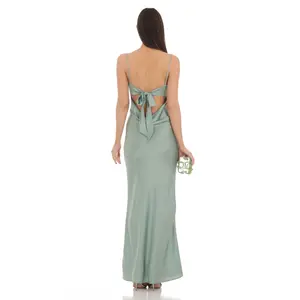 Lucy In The Sky Satin Open Back Maxi Dress in Sage