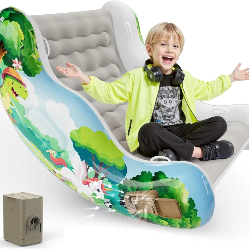 Crakrora Child-Sized Montessori Inflatable Cartoon Rocking Chair for 3-8 Yrs (7-8 Yrs Included) Boys & Girls, Leak-Proof PVC Cloud Rocker Sofa with Storage, Sensory Stuff for Autistic Kids, Portable Inflation, Self-Soothing Motor Skills Training Cool Gift