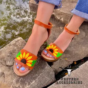 Floral Embroidered Strap Ankle Mexico Leather Heels Women Girl