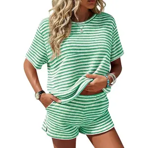 Fisoew Womens Striped 2 Piece Outfits Casual Short Sleeve Shirts Tops Knit Shorts Sets Workout Tracksuits Matching Sets
