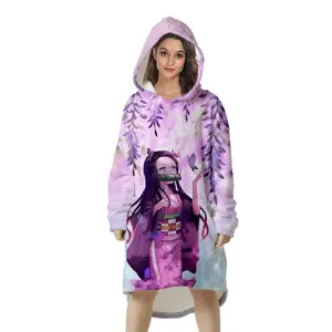 Children's oversized Demon Slayer blanket hoodie girls long soft Demon Slayer merch sports hoodie Nezuko pajamas, cartoon Demon slayer figure pocket pullover teenagers home clothes, Demon Slayer gift Demon Slayer merch stuff