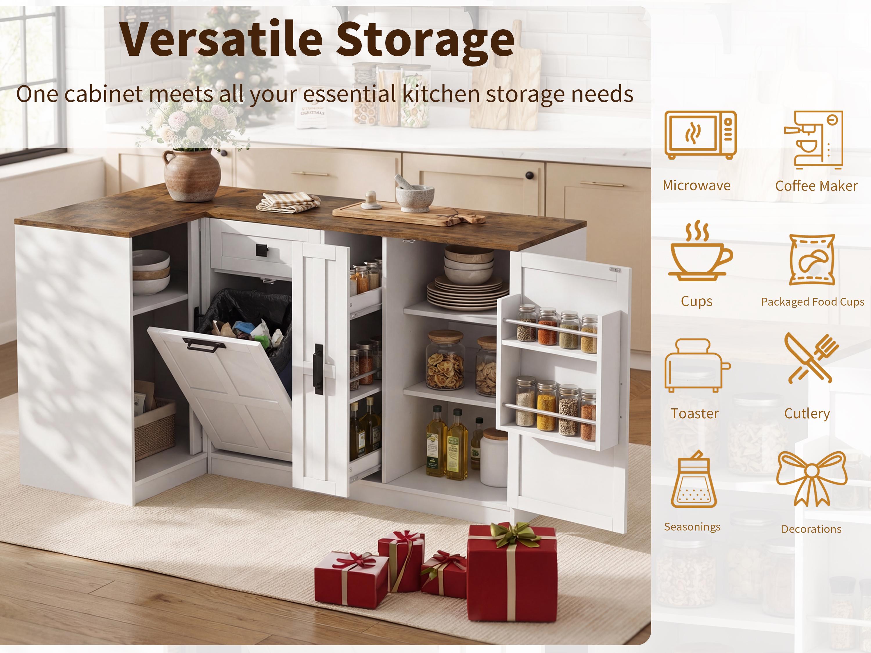 White Farmhouse L-Shaped Corner Kitchen Pantry Cabinet with Countertop, Hidden Trash Storage, 3-Tier Spice Rack, Doors & Adjustable Shelf, Sideboard Storage Cabinet for Dining Room