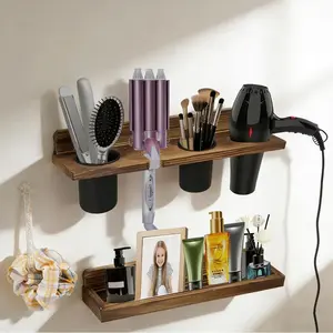 Hair Tool Organizer Wall Mount Holder, 2 Layer Rustic Blow Dryer Holder, Hair Product Wooden Storage Shelf for Hair Dryer, Curling Iron, Hot Tools, Vanity Accessories, Makeup, Toiletrie