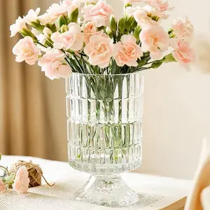 Bloflo embossed glass vase 7 crystal glass vases pedestal big base glass bouquet vase hydroponic glass transparent vase for home office wedding dining table party ribbed pattern