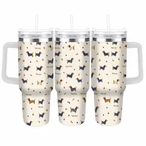 Happy Puppy Dog Pattern Car Cup (40oz/30oz/20oz) Cute Dachshund Print Double Wall Insulated Leak Proof Lid Durable Stainless Steel Perfect for Home Office Travel Pet Lovers Gift Outdoor Picnic Daily Commute
