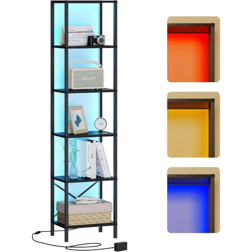 6-Tier Bookshelf, Tall Narrow Bookcase with LED Lights, Book Shelf with Steel Frame, Display Storage Shelf for Living Room, Bedroom, Home Office, Study, Balcony, Black Kitchen Organiser Racks Industrial