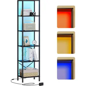 6-Tier Bookshelf, Tall Narrow Bookcase with LED Lights, Book Shelf with Steel Frame, Display Storage Shelf for Living Room, Bedroom, Home Office, Study, Balcony, Black Kitchen Organiser Racks Industrial