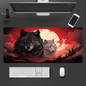 [2D Flat]Black and White Double Wolf Design, Stylish Large Mouse Pad, Creative Design, Suitable for Gaming, Office, and Home Use- an Ideal Gift for Boys and Girls, 2D Flat