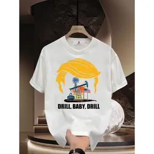 Short-Sleeve Round Neck Casual Streetwear Top, "Drill Baby Drill" Oil Rig Graphic Conservative Pro-Oil American Flag T-Shirt