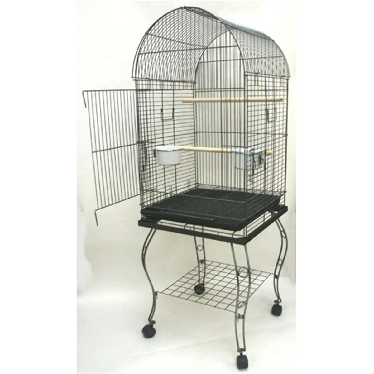 212 MAIN Metal Parrot Cage - Antique Silver Dome Top Bird Cage with Stand, Easy-Clean Slide-Out Bottom Plastic Tray, Large Swing-Out Door, Metal Cage