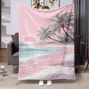 Comfortable Flannel Blanket, Beach Theme Coconut Grove Sunset Pattern, Digital Print, Ideal for Living Room and Camping