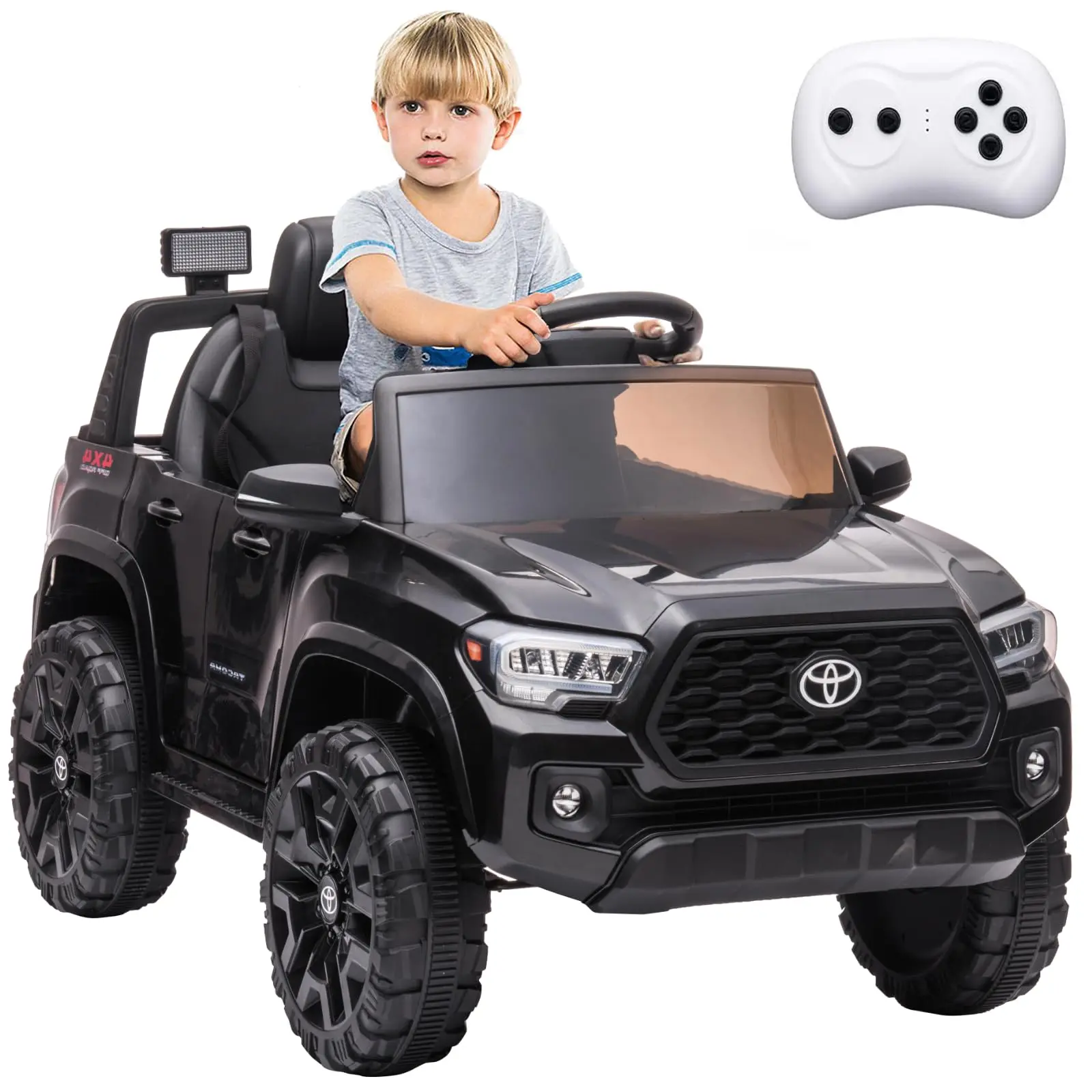 GARVEE Officially Licensed Toyota Tacoma 12V Ride-On Car with Ride on Wheels for 3-6 Year Olds, Parent Remote Control, Spring Suspension, Secure Buckles, Soft Start, LED Headlights, Anti-Slip Tires, Rear Storage Bin, Black, Easy Controls, Outdoor Play, 4