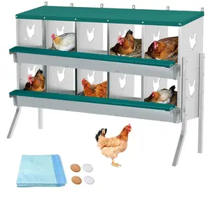 Large Metal Chicken Nesting Boxes for Hens, 10 Compartment Galvanized Steel Nesting Box with leg, Includes 4 Fake Eggs & 10 Soft Nest Pads Pads, Wall Mount or Freestanding for Coop & Farm,Green