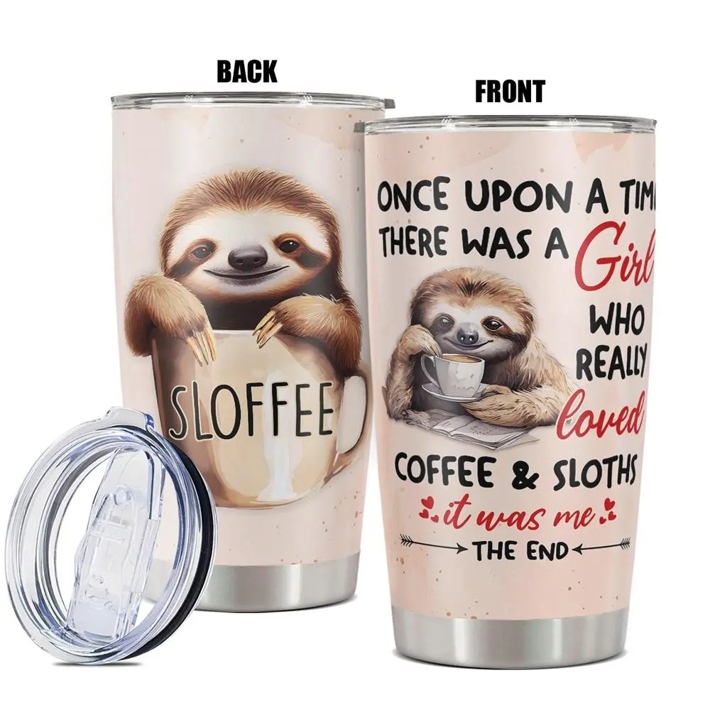 20oz Tumbler, Coffee & Sloth Pattern Insulated Tumbler, Funny Coffee Cup, Gift for Coffee Lover, Birthdays, Holidays, Special Moments for Family, Friends, Drinkware
