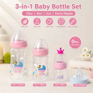 Newborn Breastfeeding Set, Includes 3 Bottles, 1 Replacement Nipple, Wide Neck, Unisex Baby Bottle Kit, Essential Infant Feeding Supplies