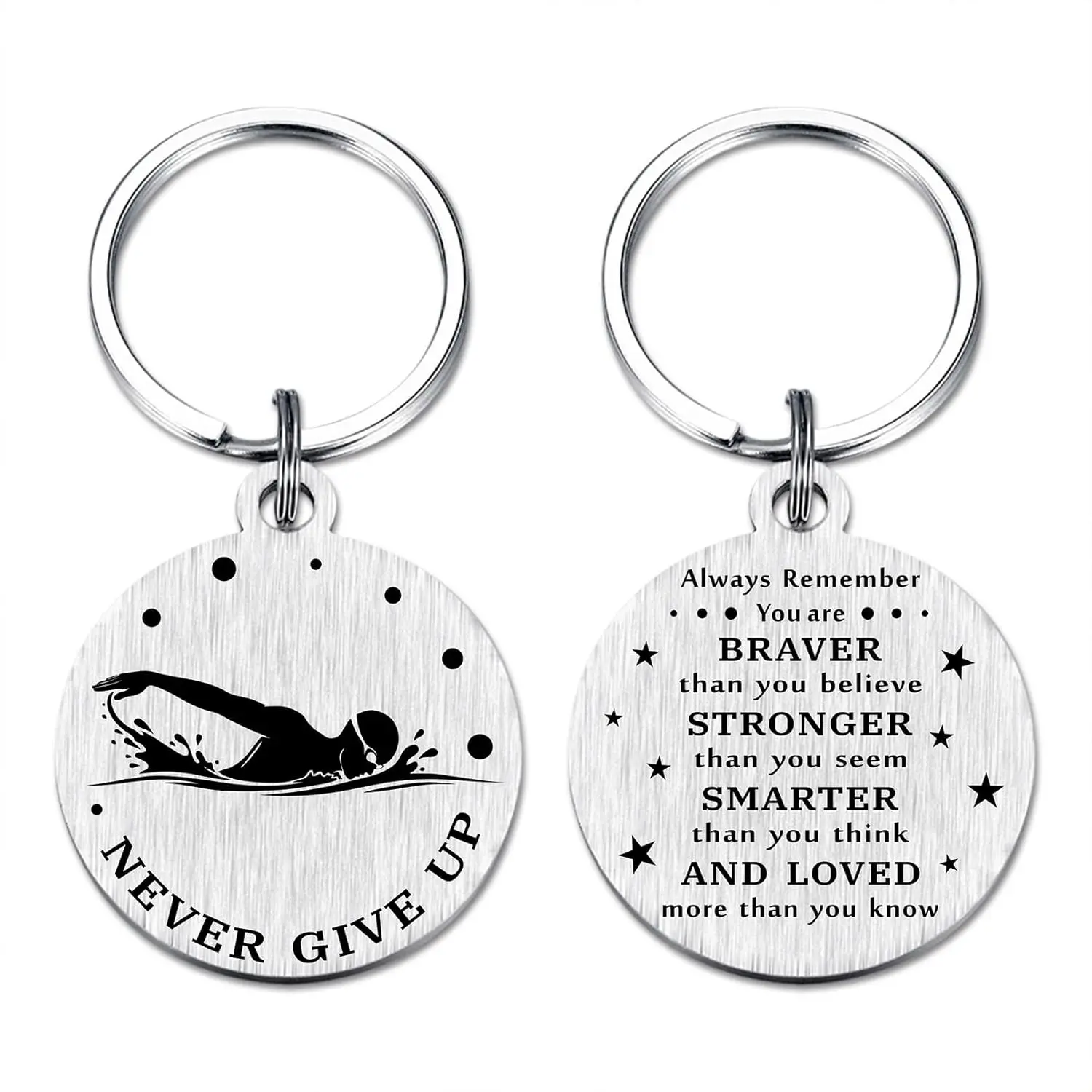 Swimming Gifts - Never Give Up Swimming Keychain, Stainless Steel Laser Engraved Gift for Swimmers, Inspirational Present for Competitive Swimmer, Lap Swimmers & Water Lovers