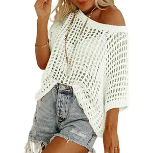 Womens Fashion Sweater Casual Off The Shoulder Short Sleeve Hollow Out Sweater Pullover Knit Tops