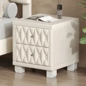 Elegant Velvet Nightstand with 2 Drawers and Crystal Handle, Storage Bedside Table with Button-Tufted, Beige