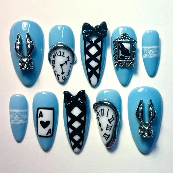 Alice in Wonderlaend Press On Nails | 3D White Rabbit Clock Card Nail Set | Gothic Fantasy Handmade Nails for Beaches, Summer, Holiday, Vacation, Birthday