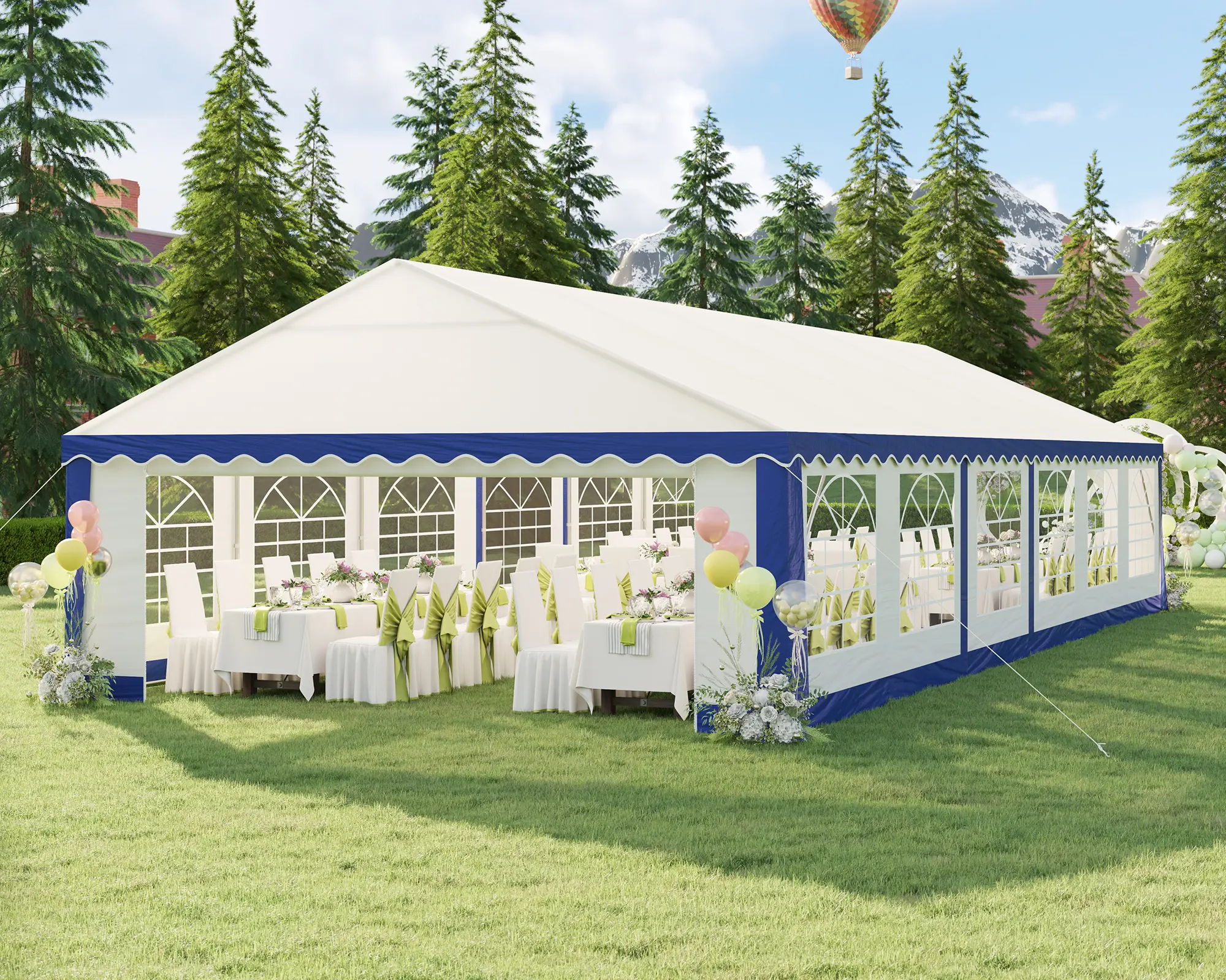 [Summerwins][Ships in 2 boxes] VanAcc Extra Large Outdoor Event Shelter, Wedding Party Tent with Sidewall Windows & 2 Side Doors, Heavy Duty Canopy Gazebo Tent for Garden Patio Carport, White with Blue Stripes