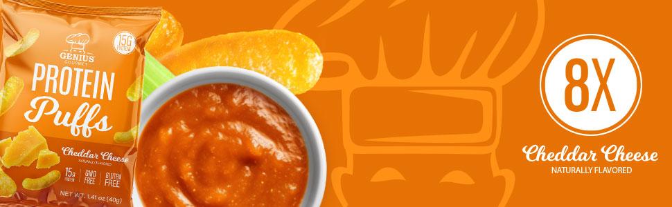 Genius Gourmet Protein Puffs - Cheddar Cheese Puff High Protein Snacks for Adults & Kids - 8 Ct Zero Added Sugar, Gluten Free & GMO Free - On the Go Cheesy Savory Snacks