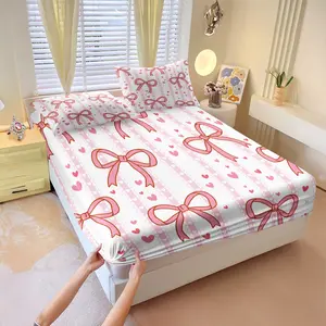 Pink bow print fitted sheet 3-piece set,Includes 1 Sheet & 2 Pillowcases (without Inserts)，create A Soft & Comfortable Bedroom Bedding Gift To Create A Gentle And Pastel Atmosphere In Your Bedroom.