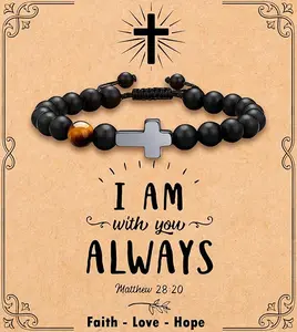Cross Bracelet for Men Christian Gifts for Son Grandson Brother Husband Dad Man Godfather Religious Baptism Jewelry Birthday Retirement Gifts Beaded Bracelet 8MM Natural Stone Adjustable