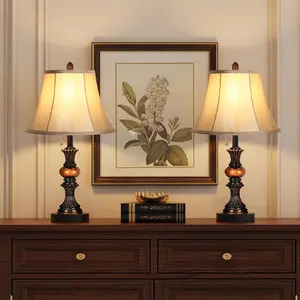 2024 Traditional Table Lamp Set of 2, Vintage Bedside Lamps with 3 Color Temperatures LED Bulbs, Classic Bronze Desk Lamps with Bell Shape Faux Silk Shade for Living Room, Bedroom, Pull Chain Switch