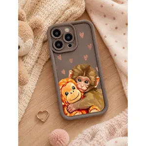 1PC TPU Soft Shell Phone Casing Cover Protector for iPhone 17 Pro Max - Coffee Border, Monkey Doll Holding Pattern, High Anti-Scratch Camera Fit, Healing Playful Style