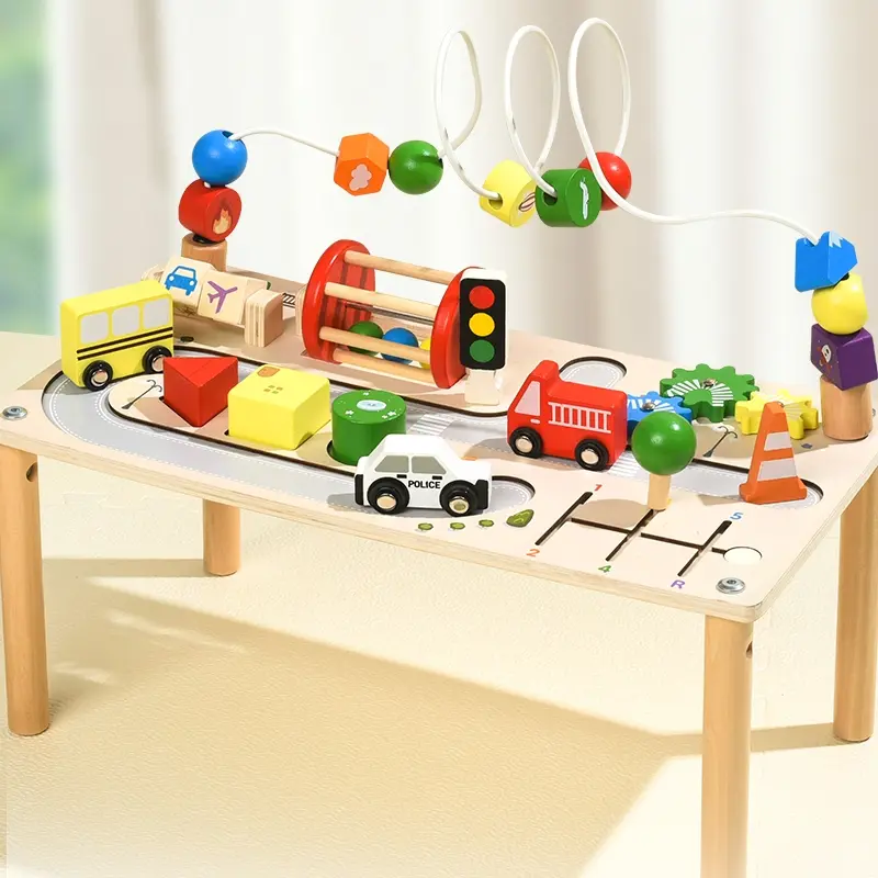 Wooden Traffic-Themed Educational Activity Table Learning Tool Visual Learning Tools with Car Bead Play Set All-in-One Solution for Kids' Play and Learning Learning Materials