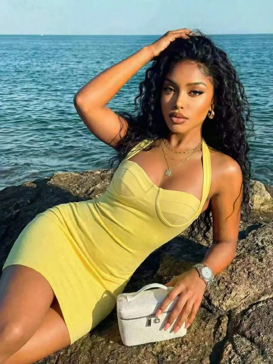 SLAYDIVA Yellow Summer Women Elegant Halter Neck Tie Mini Dress, Slim-Fit Bandage Dress For Night Out, Party, Music Festivals, Vacation, Club & Everyday Wear