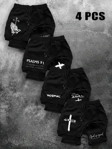 Trendy Men's Cross Faith Print Shorts, Dark Aesthetic Design, 4-Piece Set, Multiple Styles and Colors, Summer Casual Sports Wear