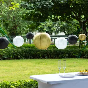 Set of 8 Mixed Black Gold Hanging Paper Lanterns, Assorted Size Decorative Round Chinese Sky Lanterns - 6",8",10",14"