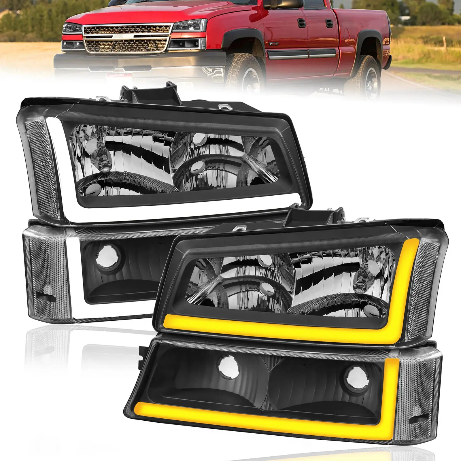 MOSTPLUS Dynamic LED DRL Headlights Assembly with Sequential Turn Signal for 2003-2006 2007(Classic Only) Chevy Silverado 1500 2500 3500 HD & Avalanche Non-Cladding, Black Housing Clear Lens Front Lamps with Bumper Lights