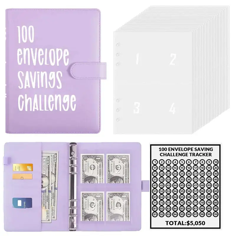 A5 Budget Binder Accounting Supplies with Cash Envelopes, 100-Envelope Savings Challenge Book, $5050 Goal Tracker, Financial Planner, Money & Bill Organizer