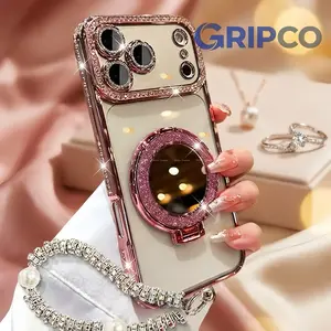 Viral Luxury Glitter iPhone Case for Women, Clear with Built‑in Makeup Mirror & Foldable Stand, Full Shockproof Protective Cover for iPhone 12‑17 Pro Max Plus phone 17 purple beautiful trendy item aesthetic gift creative design stylish lovely Anti-Fall