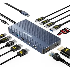 USB C Hub USB C Docking Station Dual Monitor14-IN-1 Triple Display Multiport Adapter with 2*HDMI +DP + 5*USB-A/C 10Gbps Ports+Ethernet +SD/TF Laptop Docking Station for ///Thinkpad (Gray)