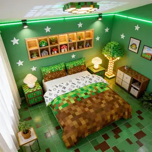 Pixelated Duvet Cover Set,Video Games Gamepad Miners Bedding Set for Kids Teens Bedroom Decor,Geometric Grid Comforter Cover,Brown Green Bedding Collection,No Filler