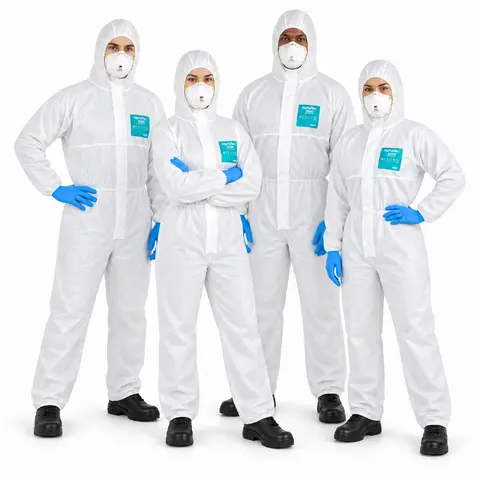 Men's Unisex Long-Sleeve Elastic Disposable Anti-Static Hazmat-Ready Tactical Coverall Uniform, Breathable Durable Polypropylene Fabric, Full-Body Flexible Zip-Front Quick-Entry Water-Repellent White Workwear for Rough Jobs