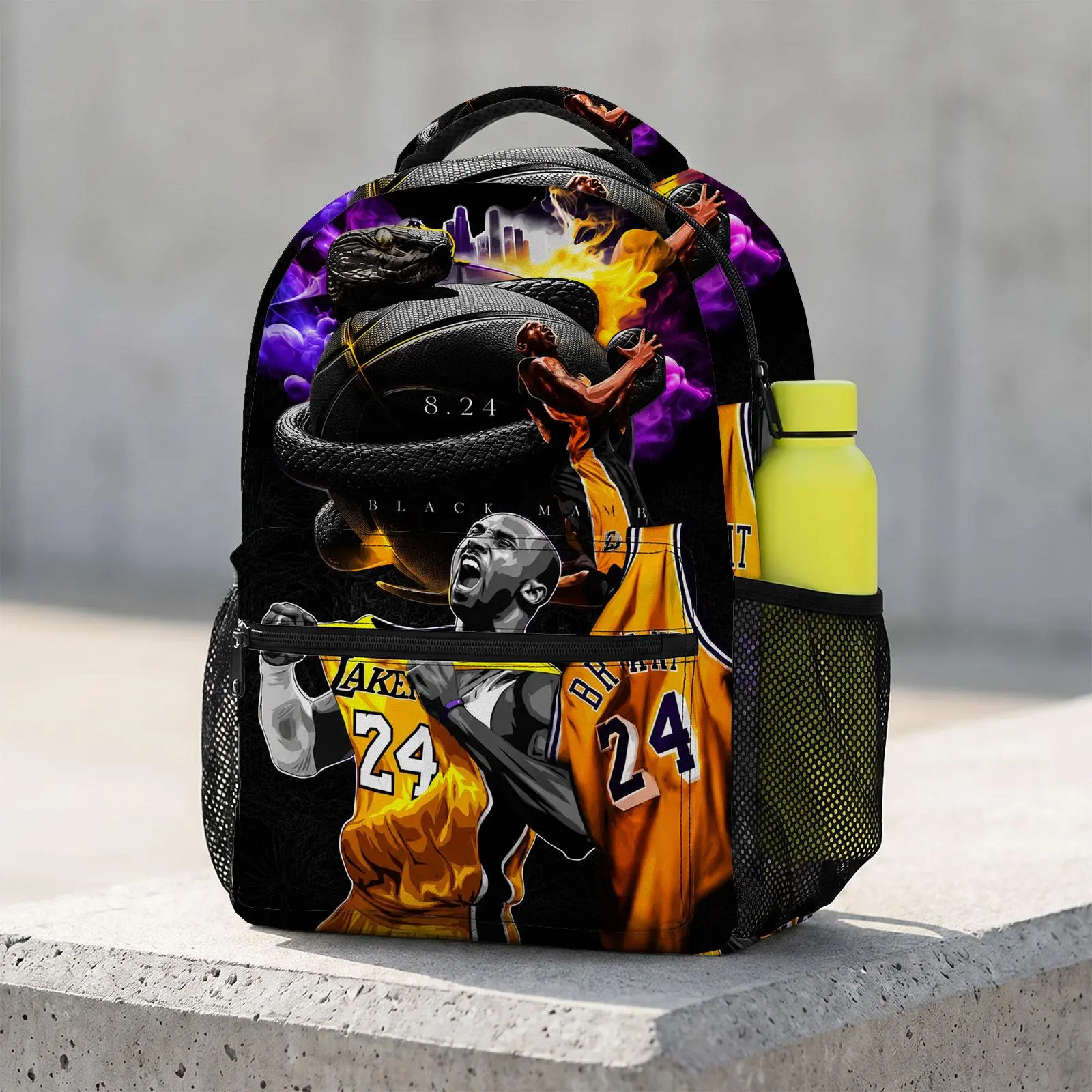 Basketball Black Mamba No. 24 Large Capacity Cute Cartoon Animal Travel Bag | Heavy Duty School Backpack with Chest Buckle | Kawaii Printed Bookbag for Boys and Girls