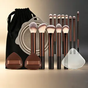 Professional Makeup Brush Set, 13-Piece Aluminum Tube Kit with Bag and Powder Puffs, Coffee Synthetic Bristles, Suitable for All Skin Types
