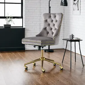Modern Velvet Tufted Button Office Chair with Golden Metal Base Adjustable Swivel Desk Chair for Home Office Superior Cushioning Durability High Rebound Sponge Rubber Bands Steel Springs