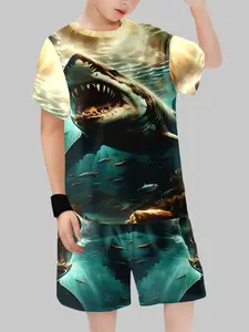 Children Junior Deep Sea Shark Print Set, Summer 3D Ocean Style Boys Short Sleeve Shorts Two-Piece, Casual Fitted Random Print