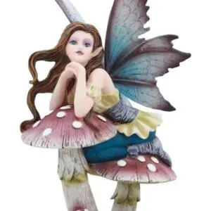 Twilight Purple Toadstool Fairy Garden Statue 7"Tall Wishing Upon A Star Fairy