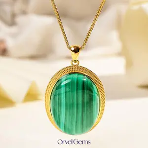 925 Sterling Silver Oval Malachite Pendant Necklace - Perfect for Women, and Friends | Ideal for Daily Wear, Meditation, Gift Green Imperial Jade